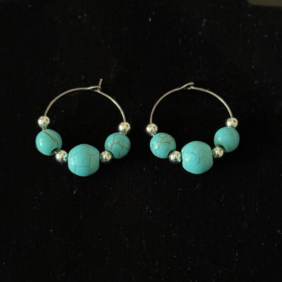 3/$17 Turquoise and Silver Balls Pierced Hoop Earring - Picture 2 of 3